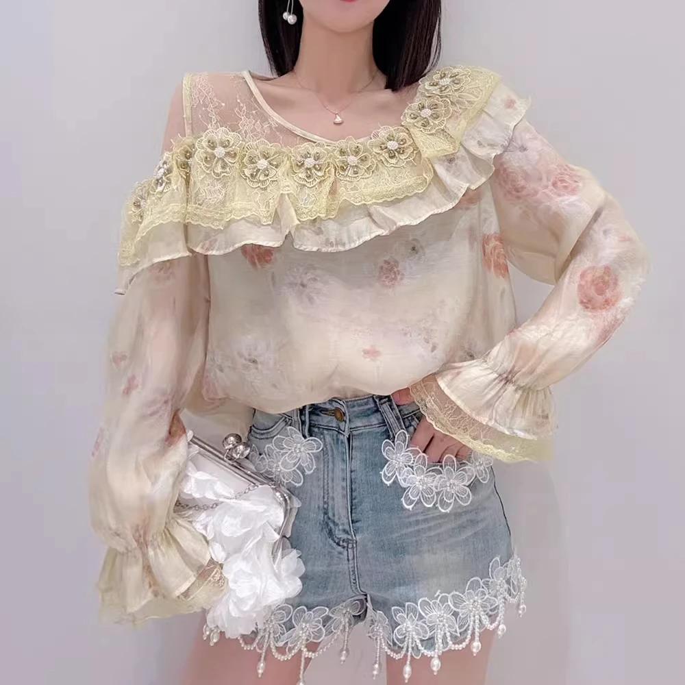 Ladies Shirts Women's 2025 Spring New Fashion Sweet Tops Diamond Three-dimensional Flower Dew Shoulder Design Long Sleeve Shirt