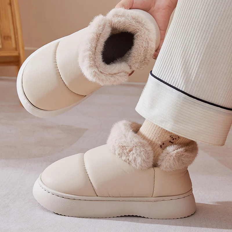 Waterproof Non-Slip Snow Boots Women Faux Fur Soft Sole Plush Ankle Boots Woman Pu Leatherflat Heel Warm Cotton-Padded Shoes