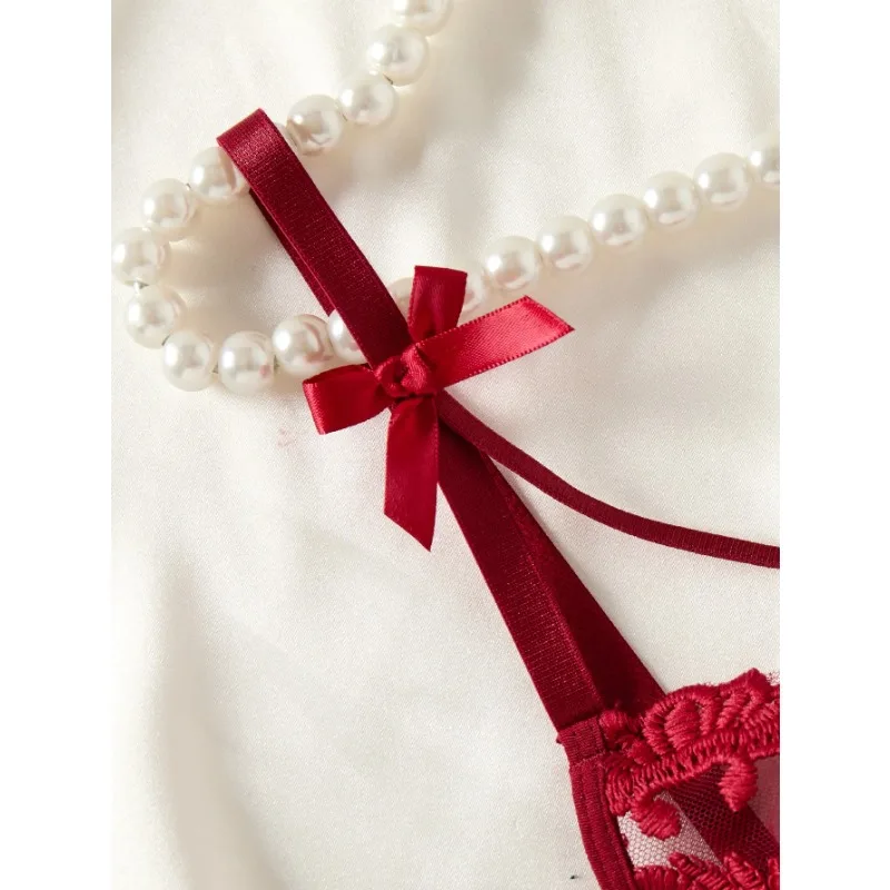 レディースワインレッドカントリースタイル小麦耳刺繍半透明ナイトガウン、エレガントで快適、リボンデザイン