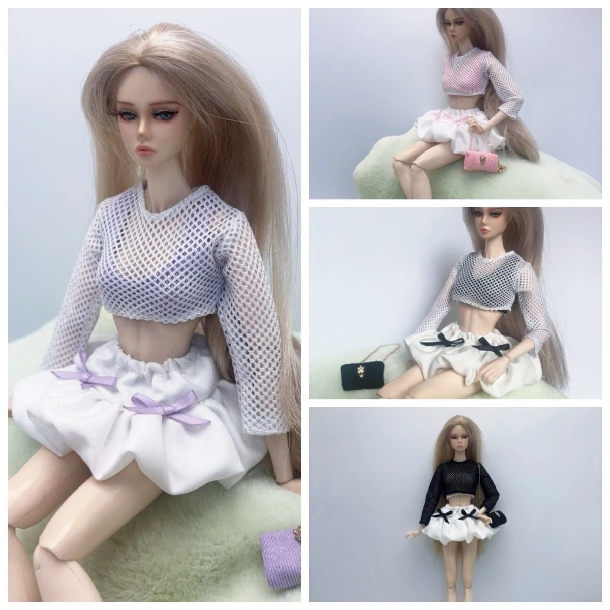 

30 см супермодельная кукольная одежда Sweet Girl Mesh Top + жилет + юбка с пузырьковым бантом + сумка + комплект обуви для 1/6 кукольной одежды DIY Dress Up