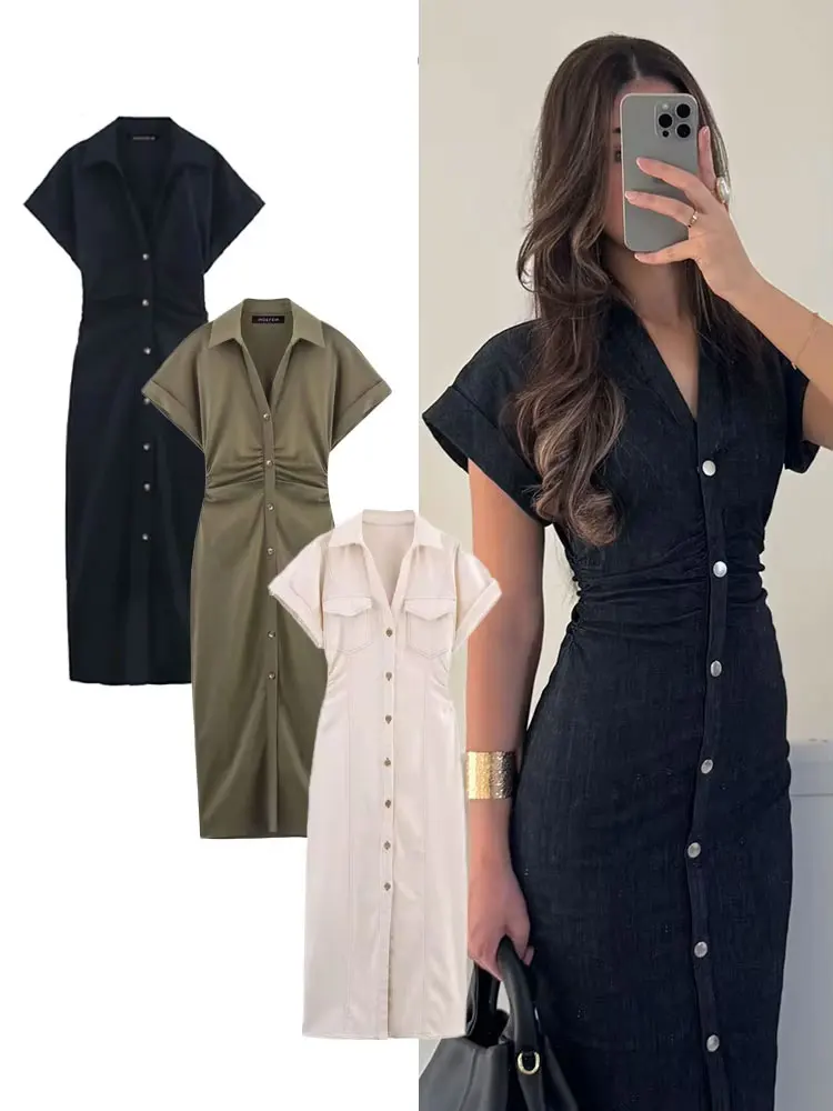 

HH Women Summer Fashion Solid Short Sleeve Single Breasted Pleated Design Dress Woman Denim Turn Down Collar Midi Dress