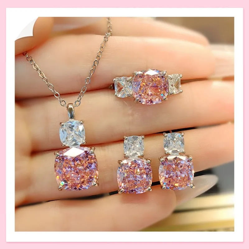 Luxury Fashion Versatile Pink Diamond Necklace Purple Pendant High Carbon Diamond Stud Earrings Ice Flower Cut Ring Color Treasu