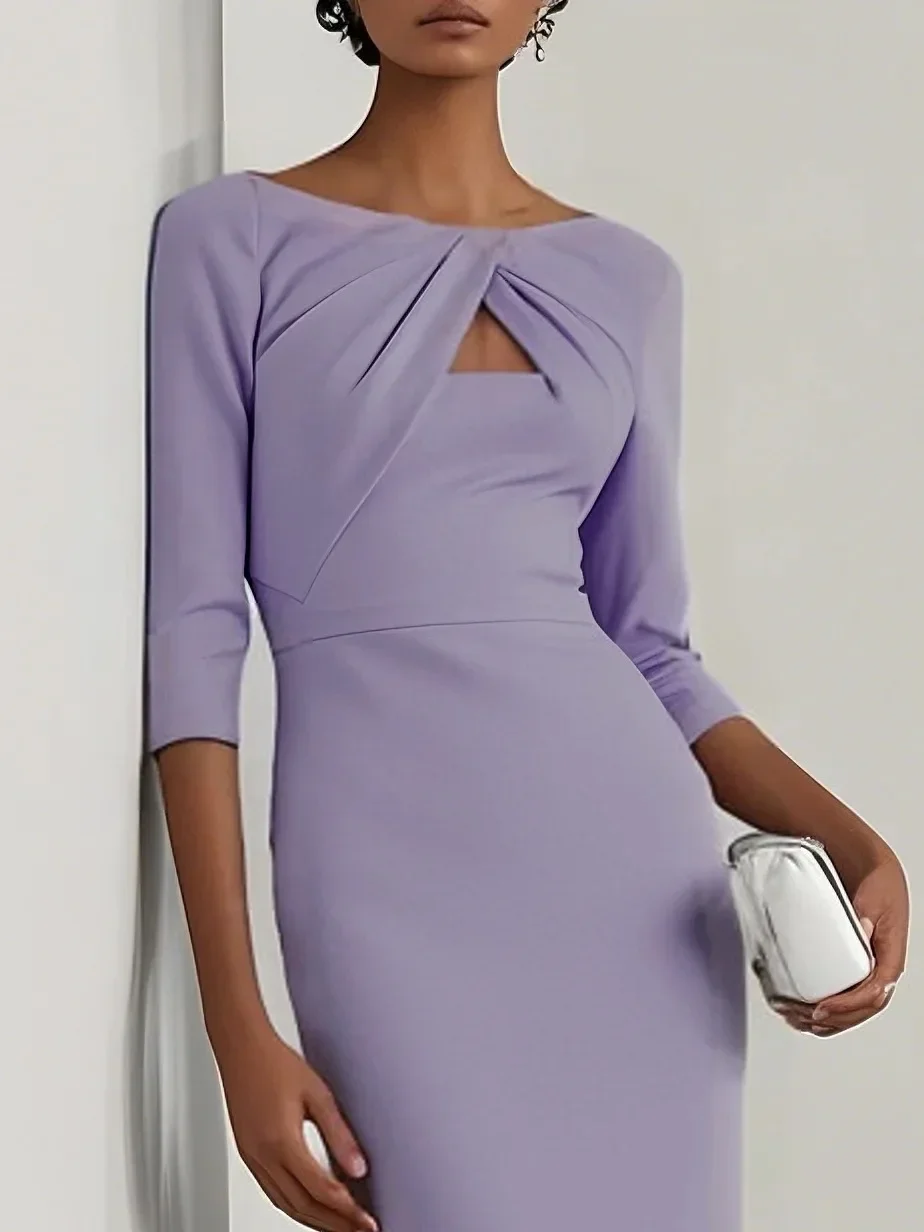 Damen-Bodycon-Midikleid mit U-Boot-Ausschnitt und Twist-Ausschnitt, Dreiviertelärmel, elegantes Bleistiftkleid für formelle Anlässe im Büro – Detail 7