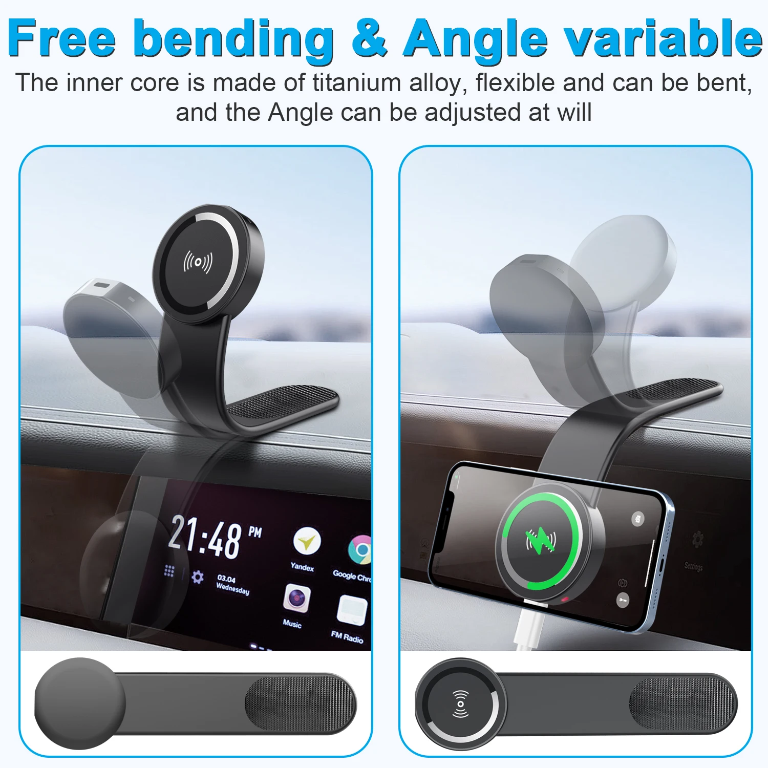 Adjustable Wireless Charger for Car Phone, Bendable Angle, Fast Charging, Smart Charger