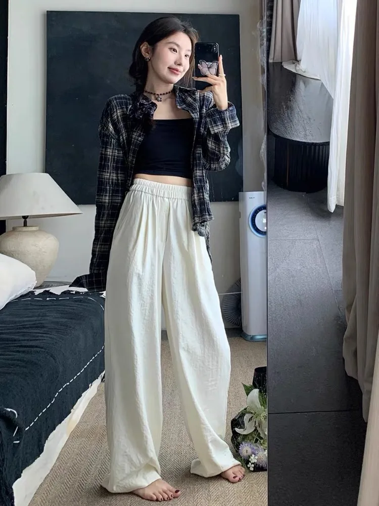 

HOUZHOU Women Ice Silk Pants Baggy Korean Fashion Casual Wide Leg Pleated Beige Trousers Thin Summer Straight Black Pants Basic