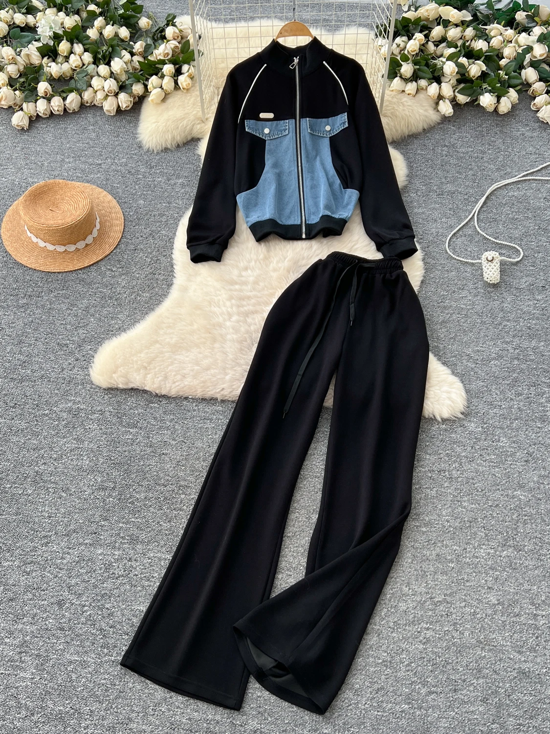 

Women's Faion Design Fall Outfit Denim Patchwork Stand Collar Zipper Long Sve Jaet Casual Wide Leg Pants Set