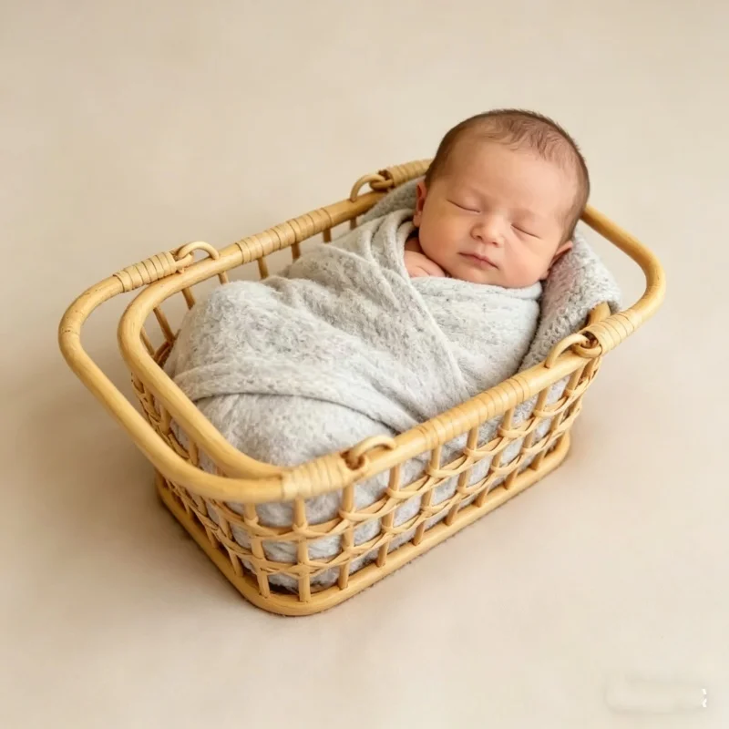 Rattan Woven Baby Basket Bed Vintage Style baby Photo Props Studio Auxiliary Furniture Photo Shoot Essential Accessory Gear Kit