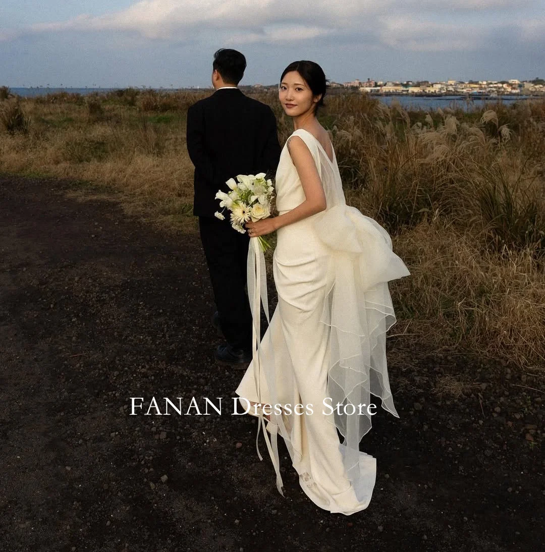 FANAN 보트 넥 한국 아이보리 칼집 웨딩 드레스 웨딩 드레스 스윕 기차 우아한 백리스 맞춤형 예쁜 신부 가운 플러스 사이즈