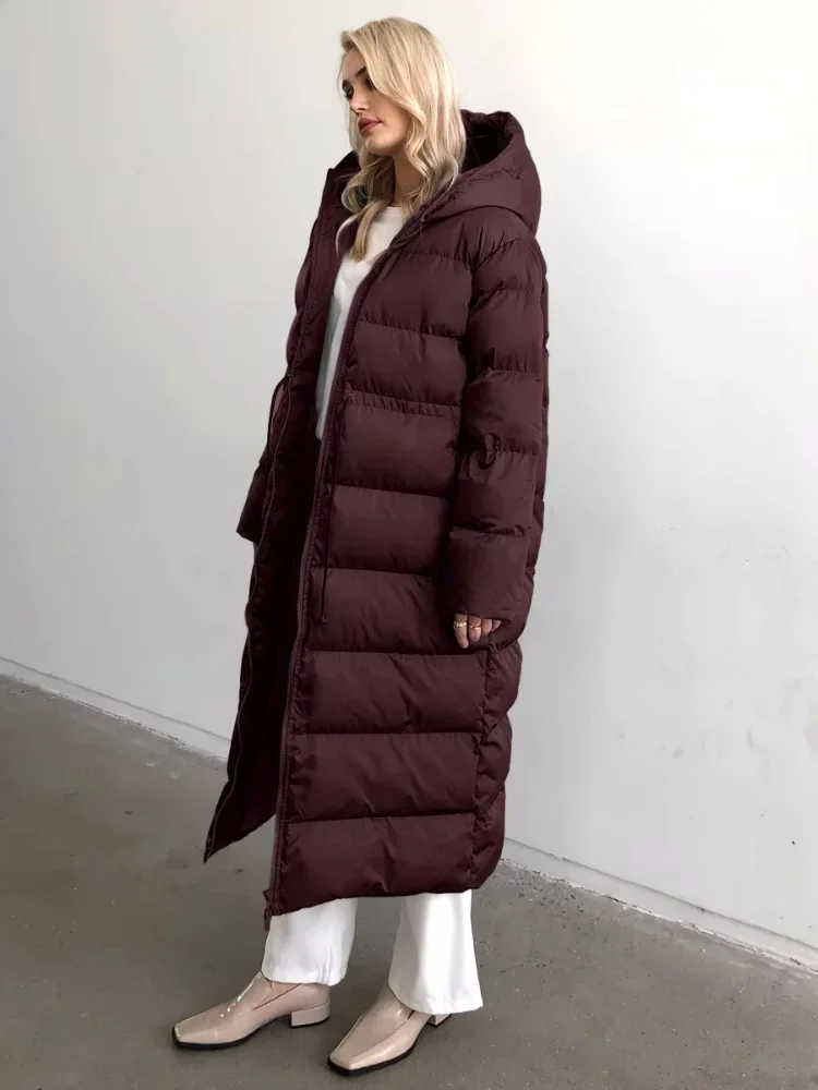 2024 Fashion Solid Drawstring Hooded Quilted Cotton Coats Women Casual Zipper Long Sleeve Thick Warm Jacket Winter Lady Outwear