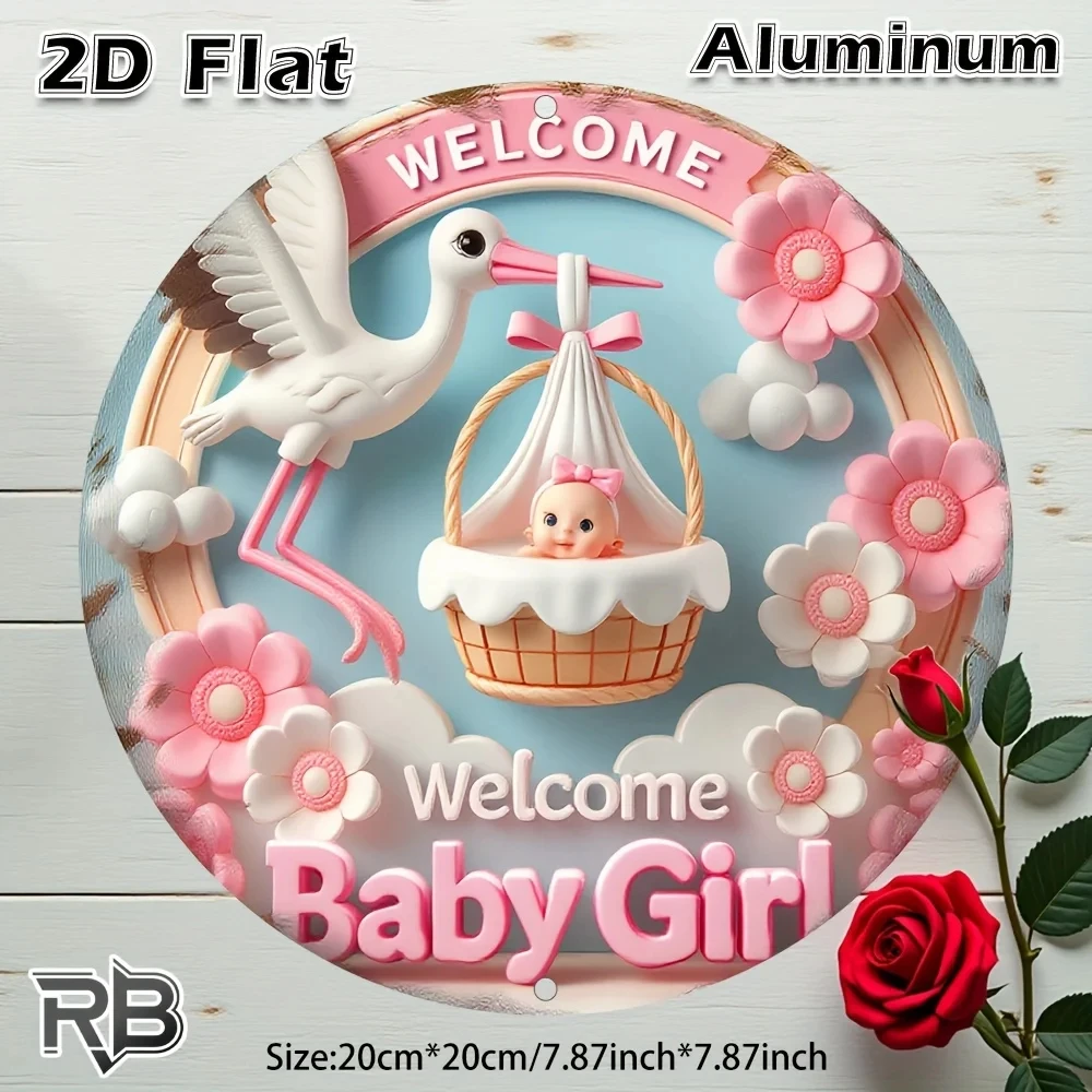 Hd Tin Sign, Welcome Little Princess Stork-Shaped Round Aluminum Wall Art, Newborn Baby Room Decoration