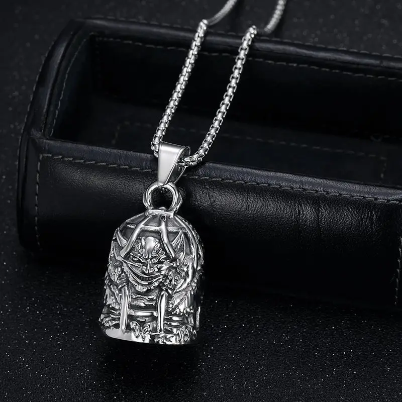 Megin D Stainless Steel Titanium Evil Monster Ghost Small Bell Pendant Collar Chains Necklace for Men Women Rider Fans Jewelry