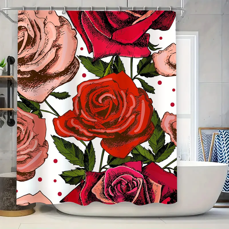 Delightful Red Roses Shower Curtain for Bathroom Decor Beautiful Pink Rose Printed Fabric Waterproof Bath Mat Cover Set Perfect