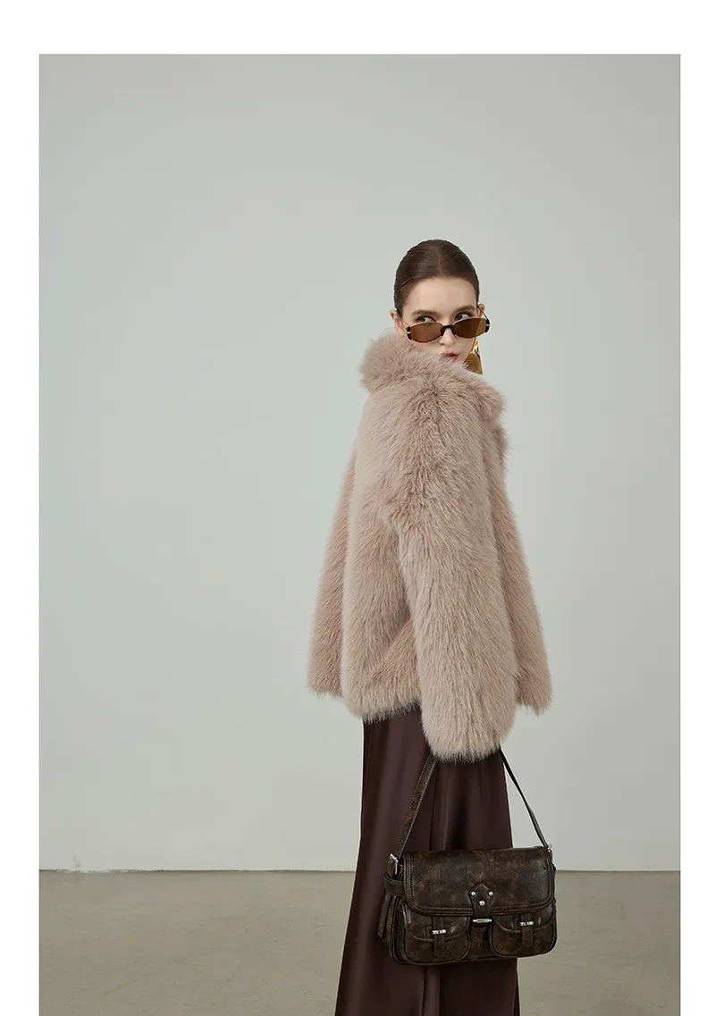 

Fall/Winter black short-sleeved button-down faux-fur coat with one-piece fur and leather blend - versatile, slimming, eco-friend