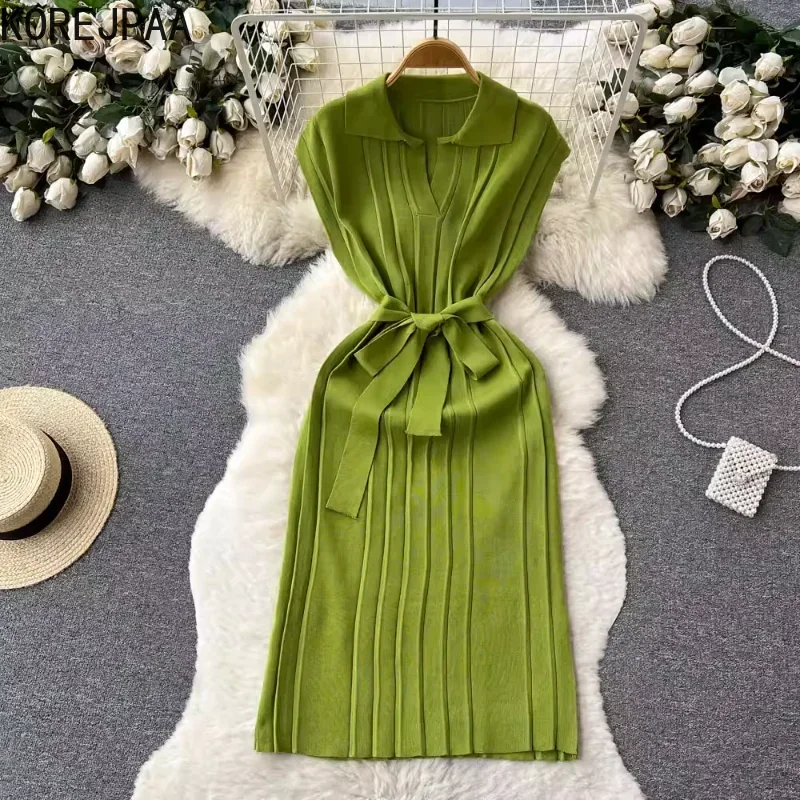 

Korejpaa, летнее платье, женское элегантное ретро-платье-майка без рукавов с отложным воротником, трикотаж, однотонное повседневное тонкое платье на шнуровке