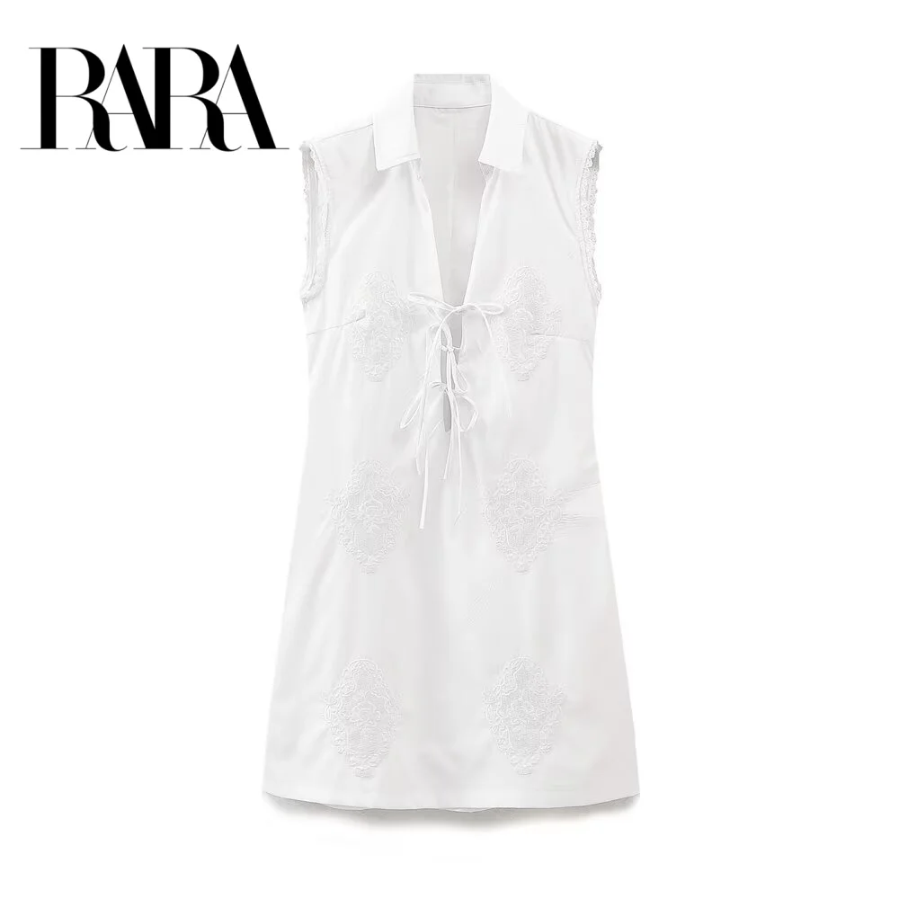 

RARA2025 Summer New Arrivals Women's Lapel Sleeveless Poplin Shirt Short Skirt Tie-up Embroidery Mini Dress