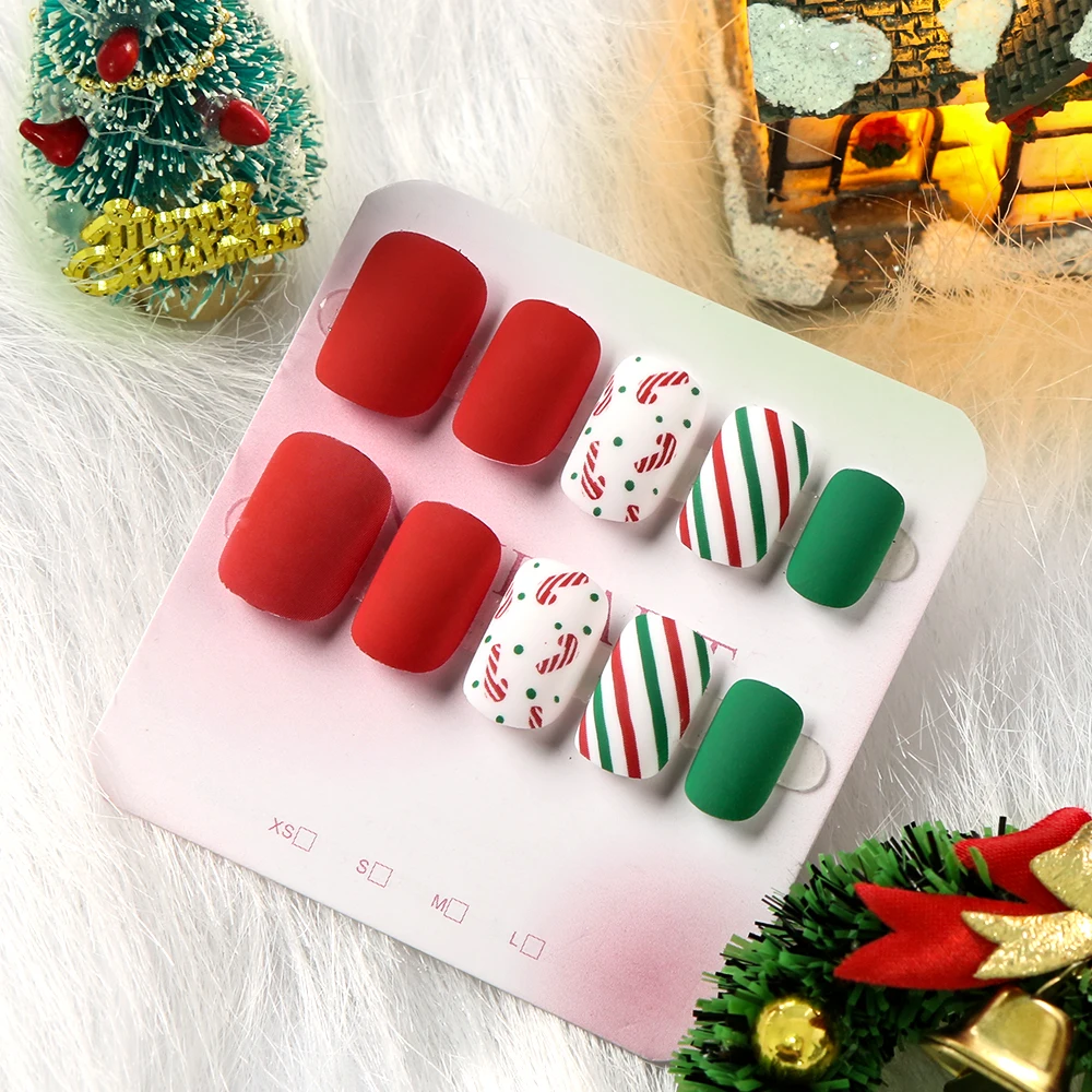 24Pcs+1pcs Jelly Glue Xmas Short Square False Nails Red&Green Color matching Christmas French Press on Nail Full Cover Fake Nail