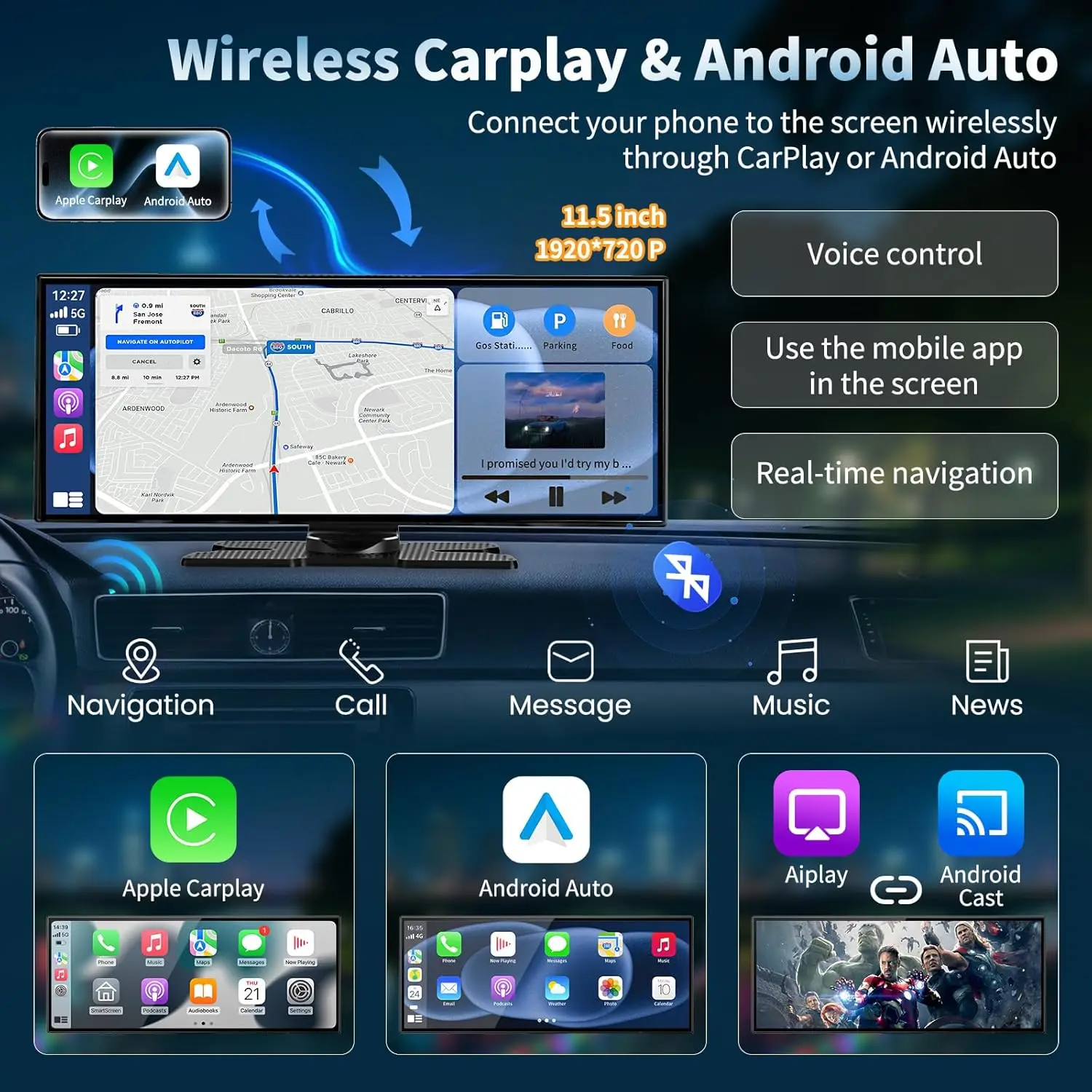 Schermo CarPlay da 11,5' con fotocamera 4K, Android Auto, controllo vocale, GPS, Bluetooth, fotocamera di backup