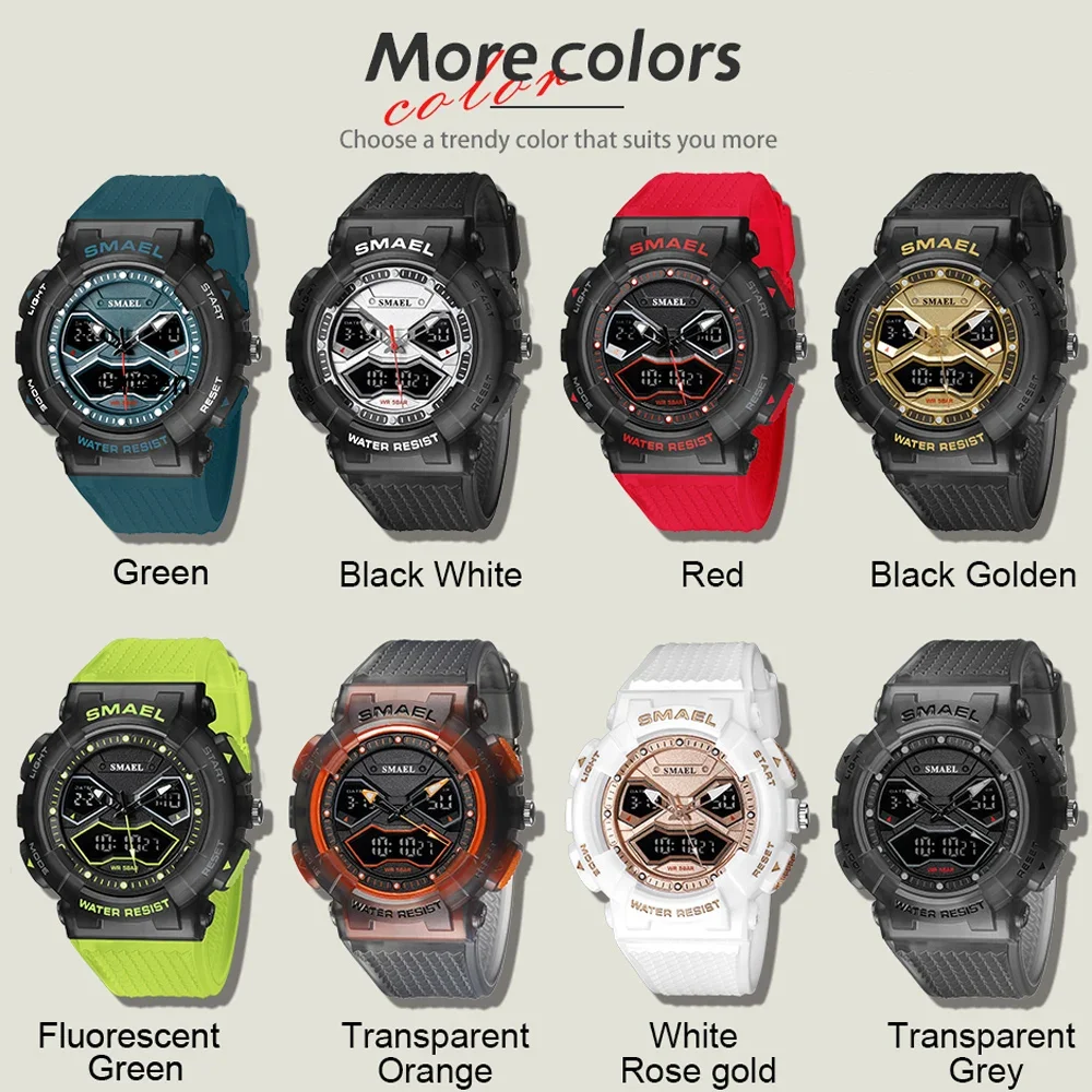 SMAEL Sport Orologi digitali al quarzo da uomo Doppio display Orologio da polso impermeabile Orologio militare da uomo Cronometro maschile Regalo per studenti