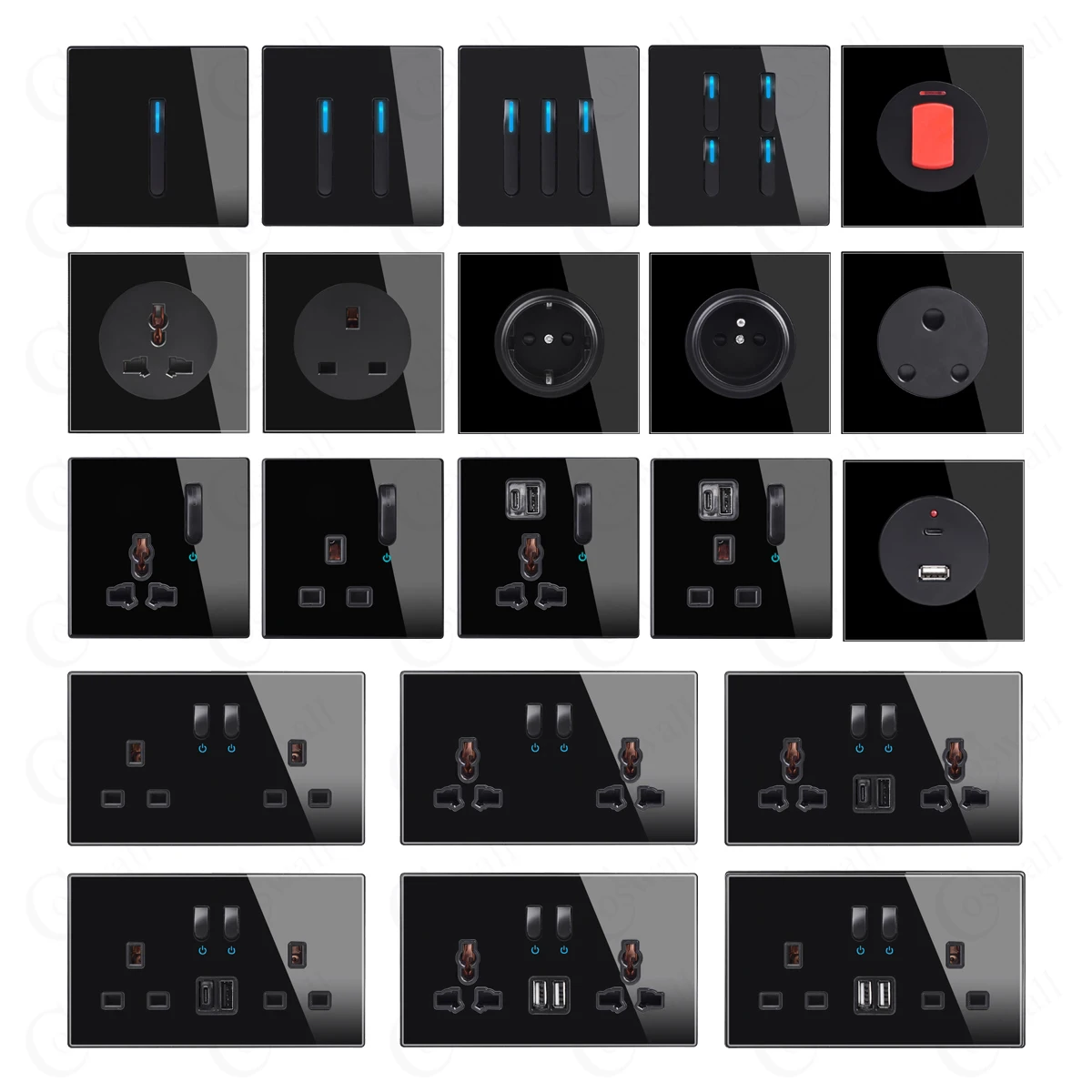 COSWALL 1/2/3/4 Gang 1/2 Way Piano Key Design On / Off Wall Light Switch Backlight Data CAT6 HDMI USB Charging Glass Panel Black