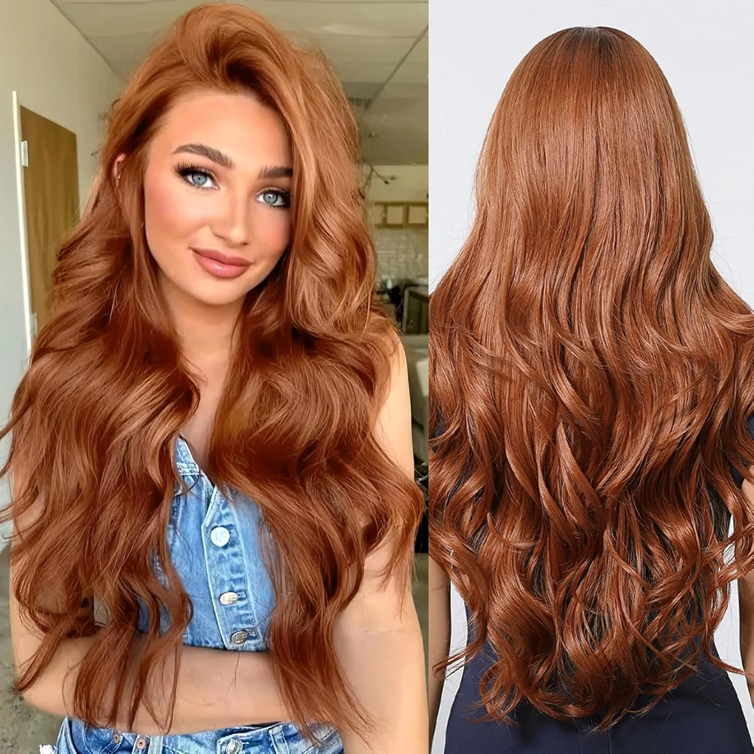 DWY Auburn Synthetic Wigs For Women Long Wavy Middle Part Auburn Red Wigs Copper Hair Wigs Natural Lace Hair Heat Resistant Wigs