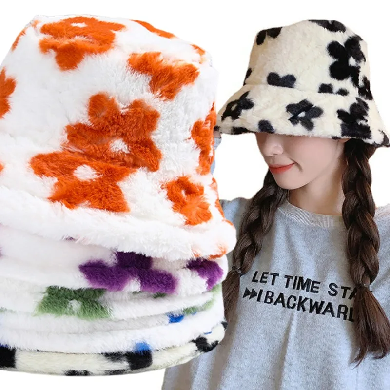 

2023 Women Winter Flower Plush Fisherman Hat Fluffy Bucket Hat Outdoor Faux Fur Thick Warm Cap Bob Femme Wool Basin Bucket Hats