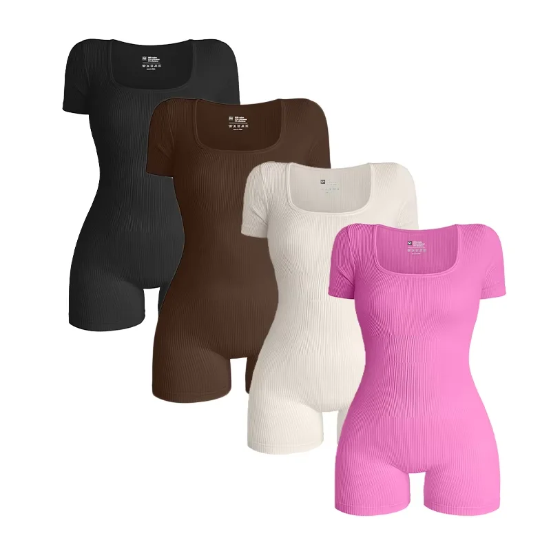 

2025 Women's Casual Gym Bodysuits Short Sleeves Square Neck One Piece Ribbed Jumpsuits Yoga Sportswear