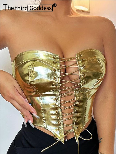Seksowne ubrania y2k skórzany gorset krótki top kobiety lato ciało nocny klub impreza halter tank top stroje festiwalowe przycięte topy rurki