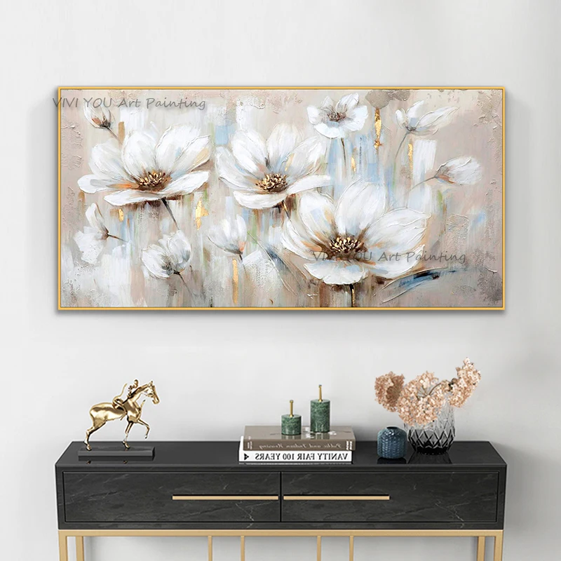 100% Handpainted Thick Impasto Abstract White Flower Canvas Oil Painting for Sofa Background Neutral Luxury Farmhouse Decor
