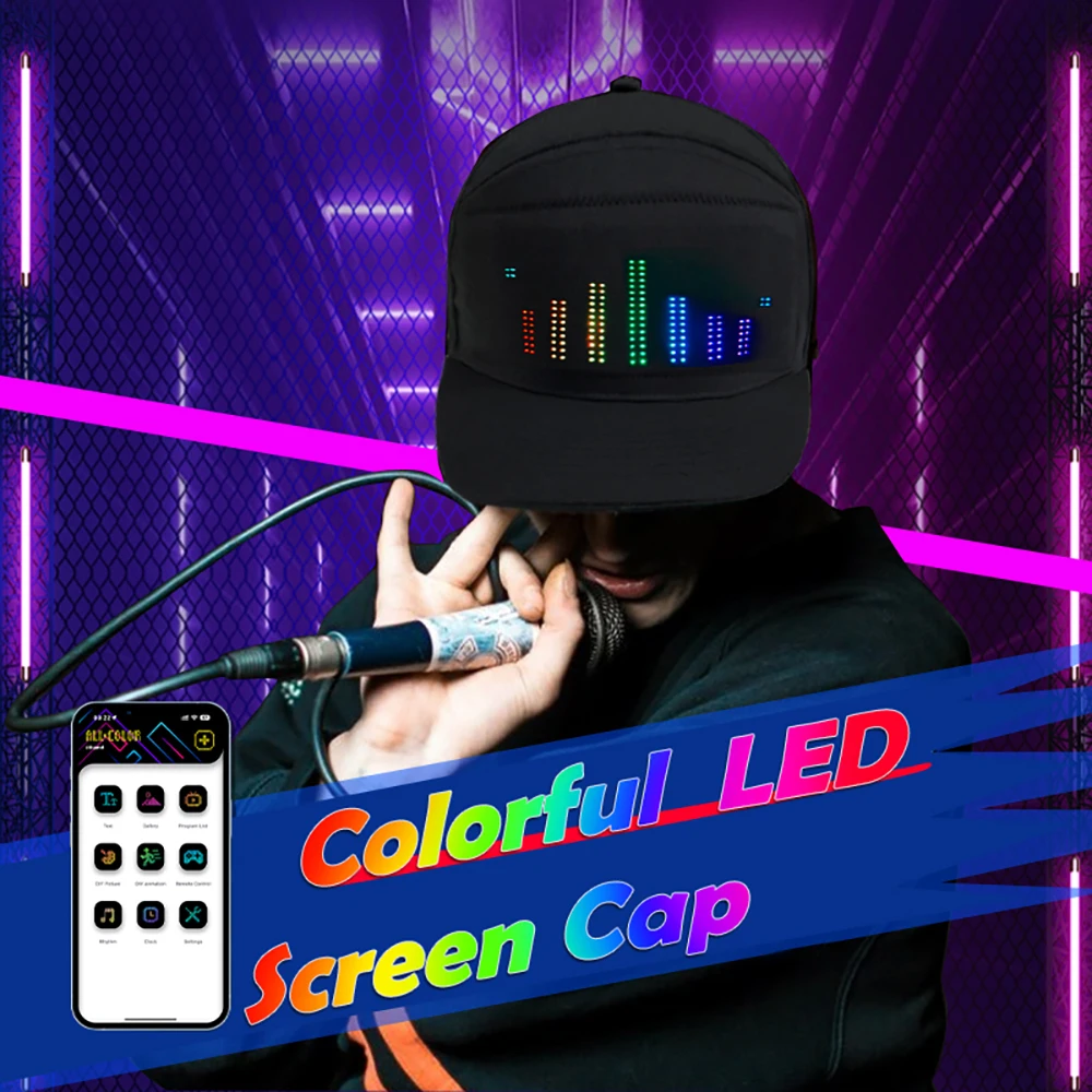 LED Hat Light Display Screen DIY Smart Pixel Matrix Baseball Hat Rechargeable Bluetooth APP Control Hip Hop Street Party Decor