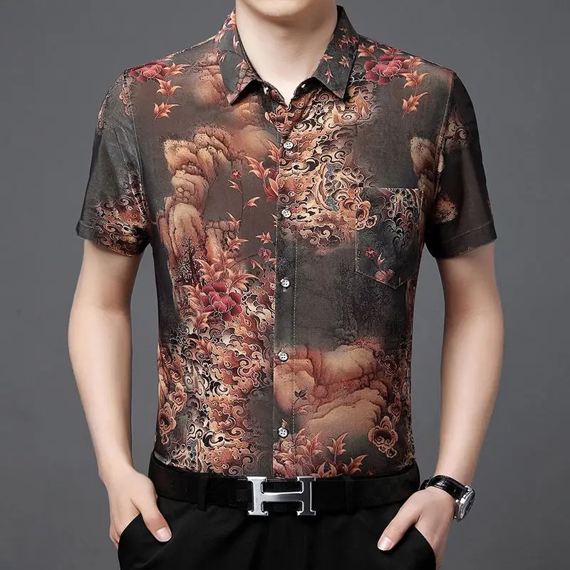 T Shirt for Men Spring Summer V-Neck Underlay Short Sleeve Printing Floral Pockets Button Casual Blouses Fashion Tops