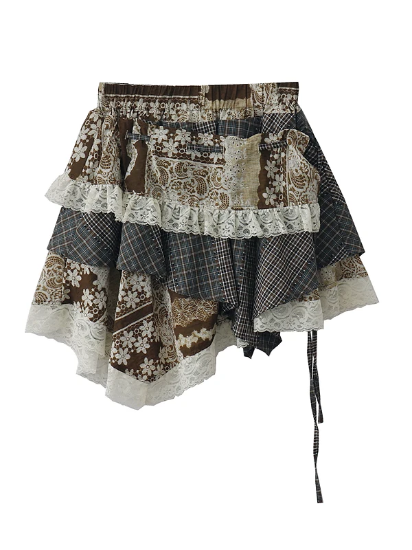

Girly Vintage Short Skirt Summer Niche Design Sequin Retro Dress Korean High Street Irregular Plaid Spliced ​​lace Floral Skirt