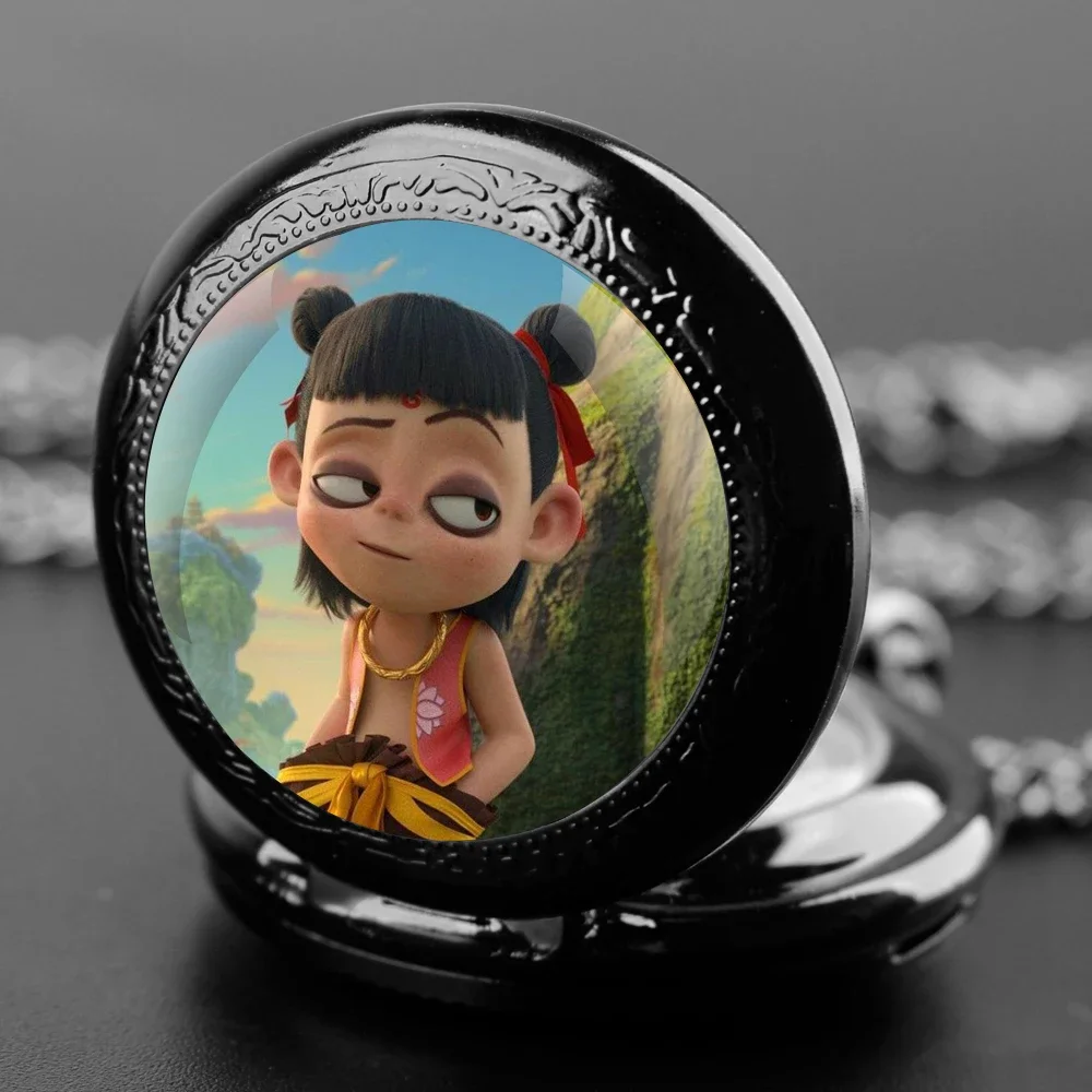 Hot Anime Nezha Glass Dome Pocket Watch with Chain Necklace Vintage Quartz Pendant Watches Mens Women Gift