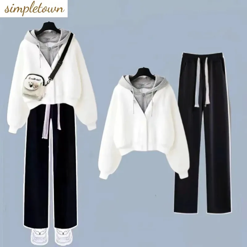 

2023 Autumn/Winter New Women's Wear Korean Edition Fake Two Piece Splice Sweater High Waist Wide Leg Pants Two Piece Set