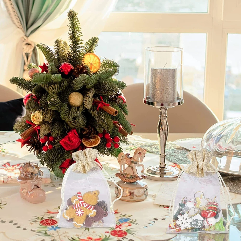 10 Stück gespleißte Organza-Jute-Beutel mit Kordelzug, transparente Mini-Geschenkbeutel für Weihnachten, Hochzeit, Party, Gastgeschenke, Aufbewahrung zu Hause – Detail 8