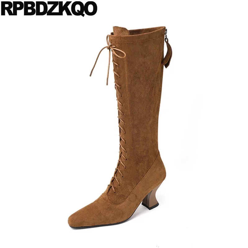 

Long Vintage Female Block Square Toe Boots Zip Up Knee High Sheepskin Slim Chunky Heel Designer Shoes Women Luxury 2022 Tall Mid