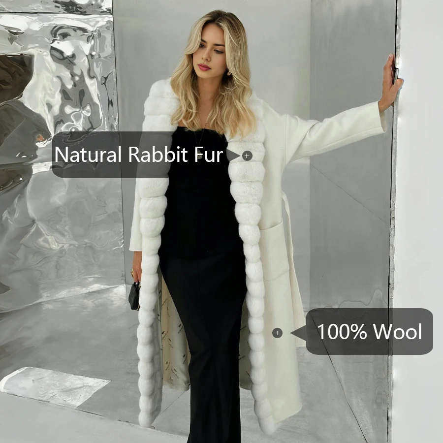 Cappotti di lana bianchi per donna Cappotto di cashmere con collo di pelliccia di coniglio Cappotto di lana invernale di nuova moda di fascia alta da donna