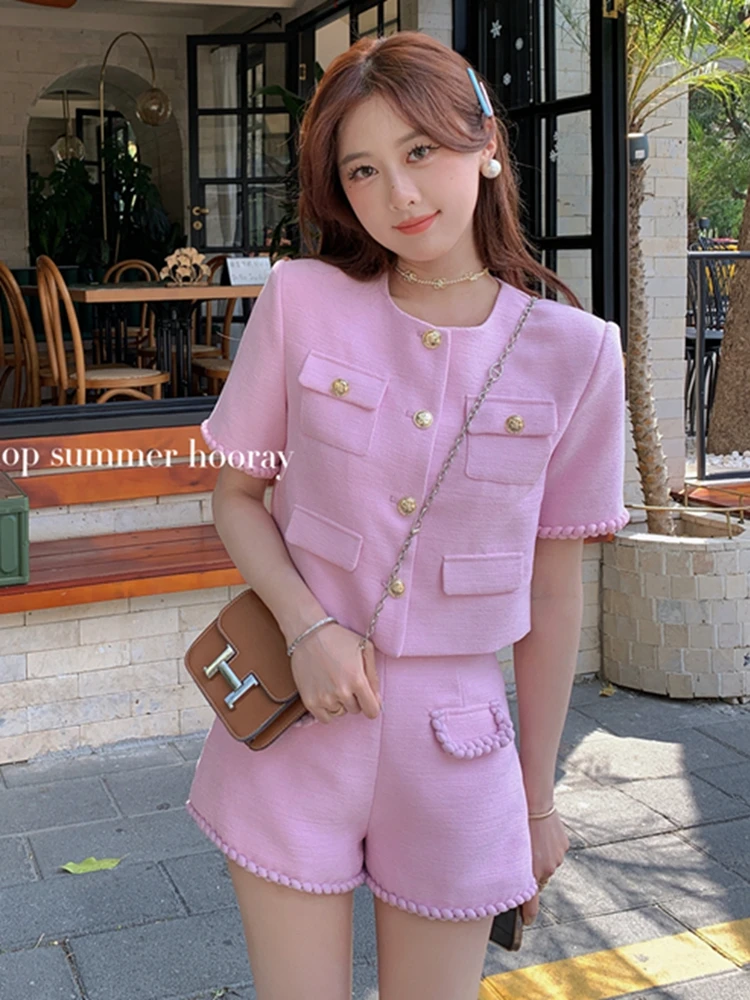 High Street French Fashion Small Fragrant Two Piece Set For Women Summer Jacket Coat + Short Suit Korean Sweet 2 Piece Pant Sets