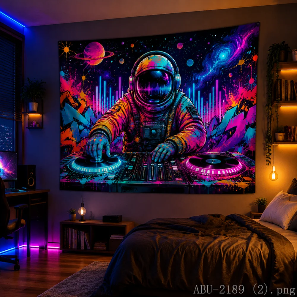 VIKAMA Vinyl Record Space Tapestry Neon Astronaut Trippy Wall Hanging Aesthetic Home Decor