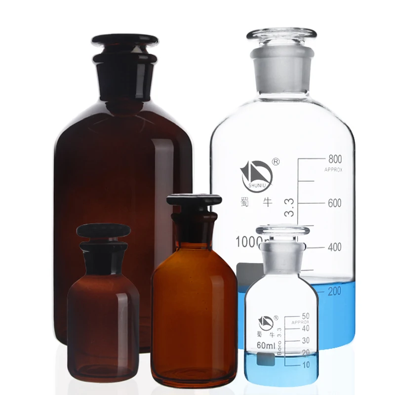 60ml 125ml 250ml 500ml 1000ml Boro Lab Sample Glass Reagent Bottle Narrow Ground Neck Jars Amber Transparent with Glass Stopper