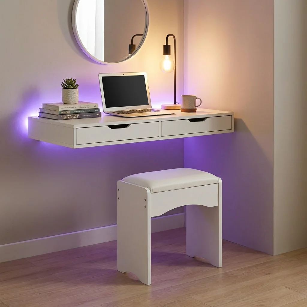 

Comfy Padded Vanity Stool - White Compact Makeup Bench, Curved Legs Dressing Seat for Bedroom Vanity & Kids' Rooms