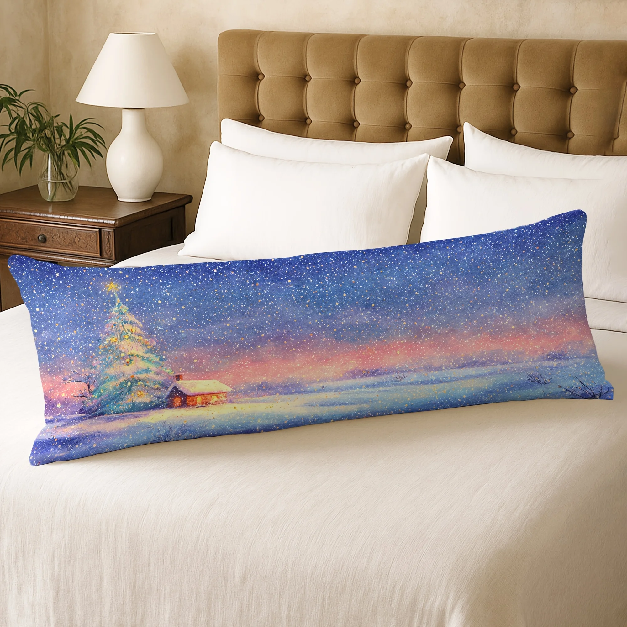 1pc Body Pillow Cover Christmas Decoration Modern Art Christmas Tree House Snowflakes 20*54 Inches Suitable for Living Room Bedr