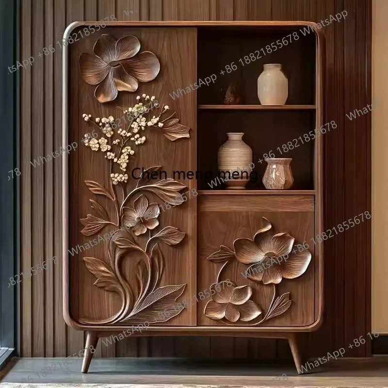 

E136Song-style aesthetics pure solid wood carving flowers, home side cabinets storage, plant flower carving porch cabinets