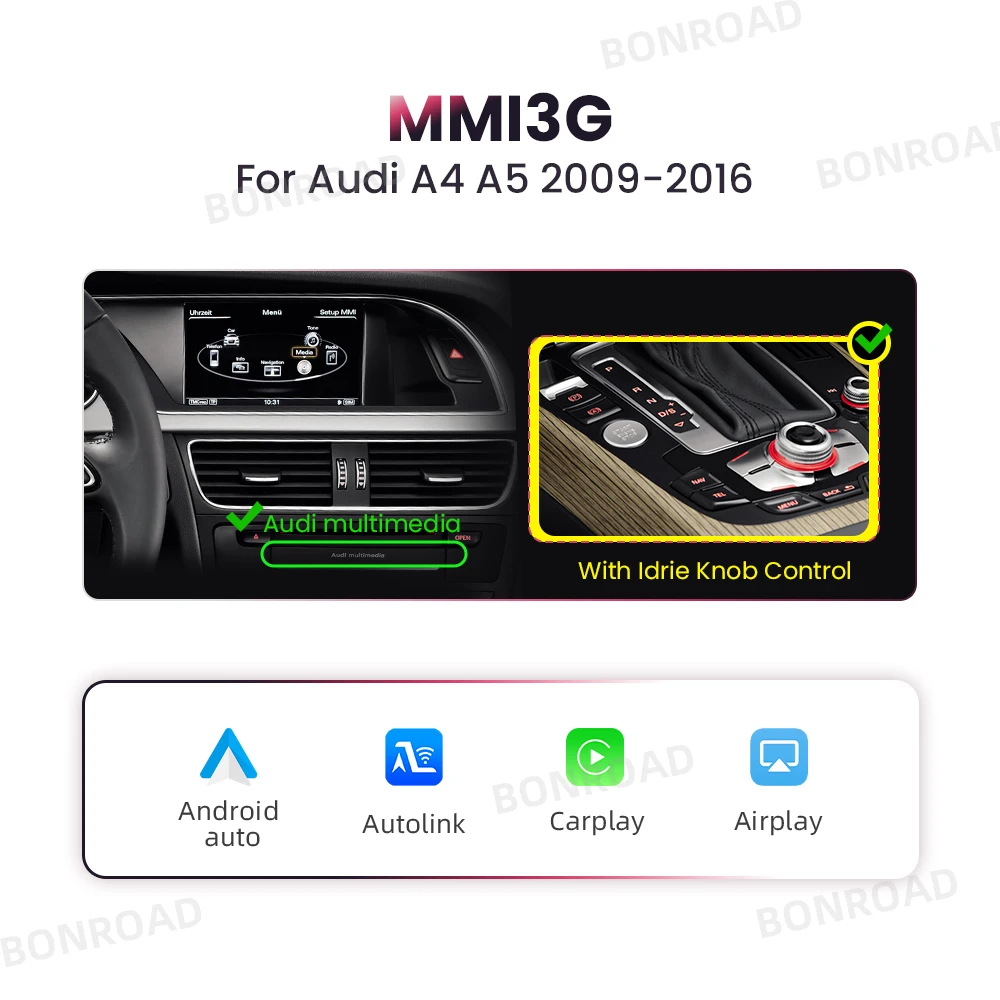 BONROAD Drahtloses CarPlay-Schnittstellenmodul für Audi A6 A7 A4 A5 Q3 A1 Q5 mit Android Auto Mirror Link AirPlay Bluetooth