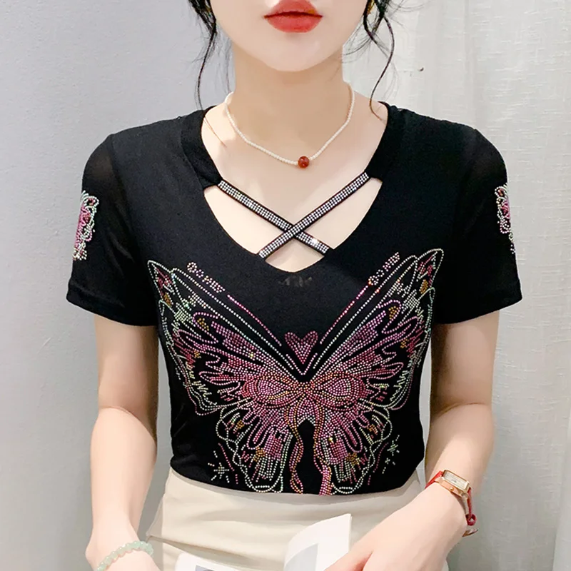 New 2024 Summer Short Sleeved V-Neck Butterfly Hot Drilling Women Tops Shirt Elegant Slim Mesh T-Shirt Blusas