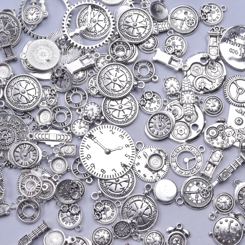 Steampunk Gear Clock Antique Silver Color Random Mixed Alloy Pendant Charm For Jewelry Making DIY Craft Bracelets Accessories