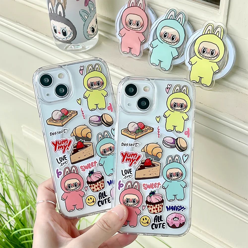 

Kawaii Donut Labubu for Magsafe Magnetic Bracket Phone Case For iPhone 16 15 14 13 12 11 Pro Max Plus Clear Back Cover Funda