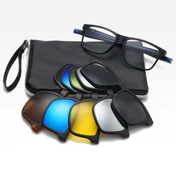 6 In 1 Spectacle Frame Men Women With 5 PCS Clip On Polarized Sunglasses Magnetic Glasses Male Computer Optical 2503