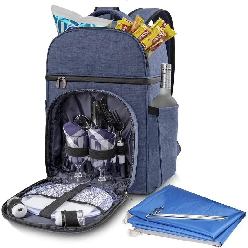 Picnic Backpack Bag for 2 Person with Insulated Cooler Compartment,with Lightweight Blanket,Cutlery Set,Beach Camping Lunch Pack