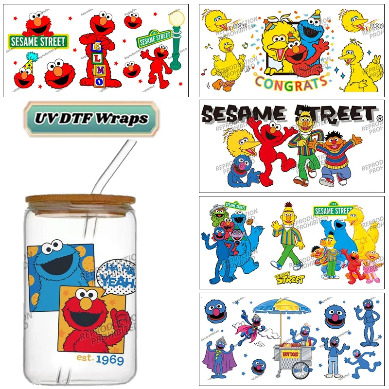 Colorful Muppet Characters UV DTF Wraps Cute Monster Stickers for 16oz Glass Cans Waterproof DIY Transfer Decals