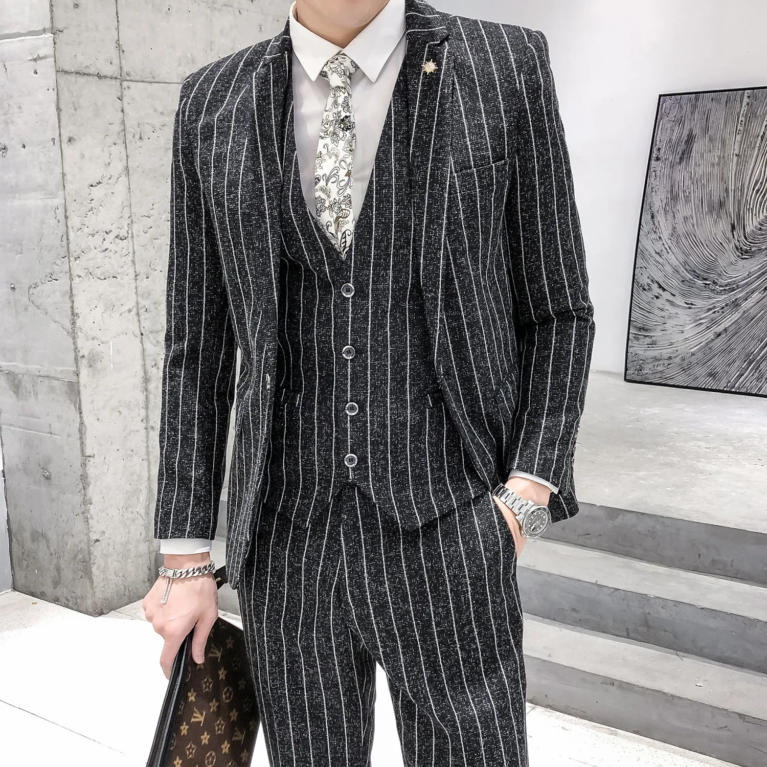 ( Jacket + Vest + Pants ) Boutique Fashion Striped Linen Men\'s Retro Casual Business Suit 3Piece Set Groom Wedding Party Dress